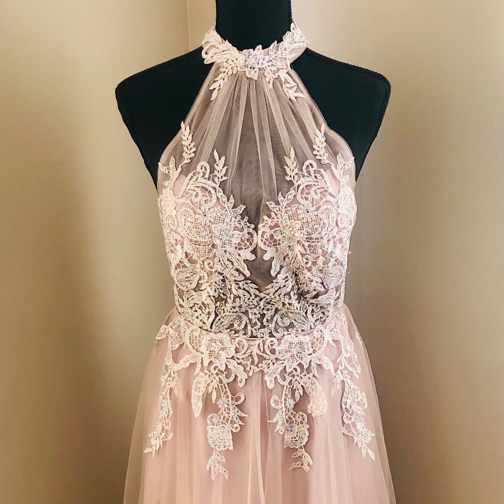 Lace appliqué tulle gown